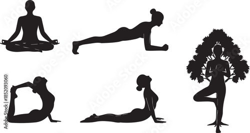 Silhouettes of women performing diverse yoga poses for wellness and fitness