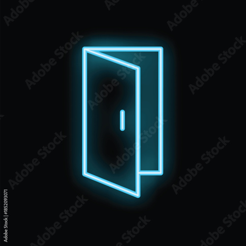Blue neon open door sign glowing on a black background