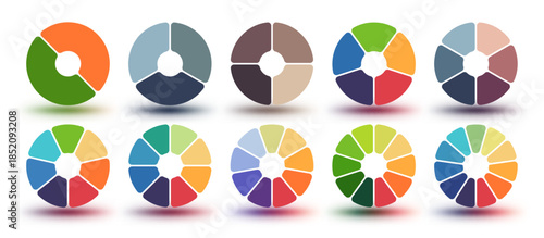 Pie chart infographic. Segmented rings diagram, sliced donut and circular color wheel for business presentation, reports and data visualizations. vector template set
