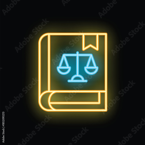 Neon law book icon glowing on a dark background, symbolizing legal knowledge, justice, and the judicial system