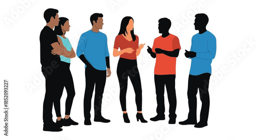 A group of diverse people interacting and conversing in a modern stylized silhouette