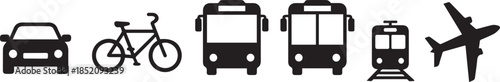 Diverse transportation silhouettes showing car bicycle bus train and airplane travel options