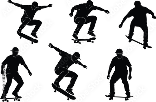 Black, skateboarder, silhouette, set, action, poses, skating, athlete, competition, board, tricks, jump, active, workout, professional, street, training, isolated, male, youth.