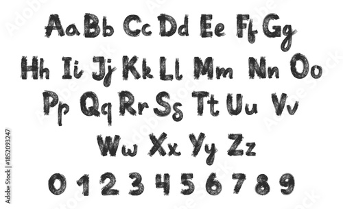 Grunge brush font. Hand drawn numbers, alphabet uppercase and paint brush lettering lowercase letters. Rough textured handwritten ink brushstroke typeface vector set