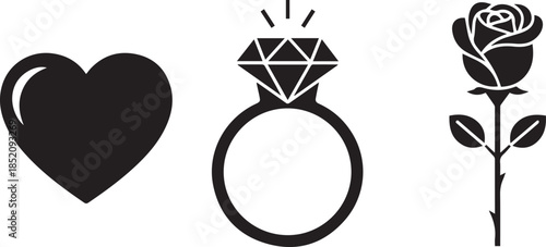 Romantic symbols heart engagement ring and single rose silhouette love celebration