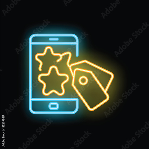 Neon icon representing a loyalty program with stars and tags, ideal for marketing and customer engagement
