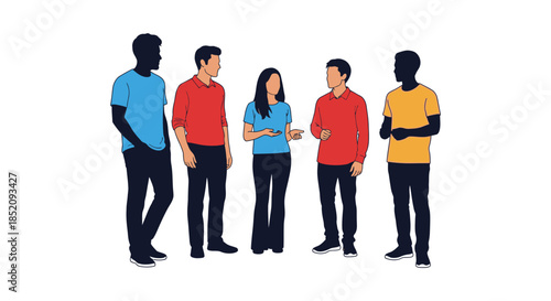 A group of five people standing together color block style distinct silhouette