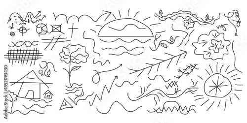 A child's drawing of a sunny landscape with a house, sun, and plants