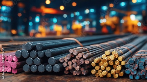 Vibrant industrial scene with colorful metal rods stacked neatly in a warehouse setting