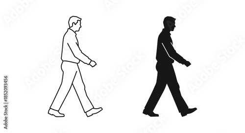 Two men depicted in contrasting styles one outlined and one as a bold silhouette
