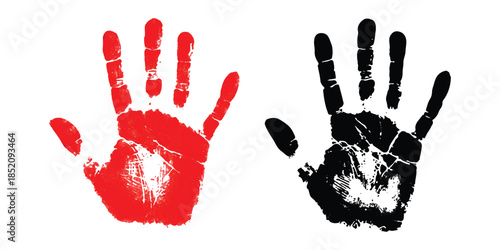Vibrant red and stark black handprints on a clean white background symbolizing human presence