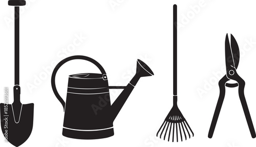 Collection of gardening tools silhouettes including shovel watering can rake and pruning shears