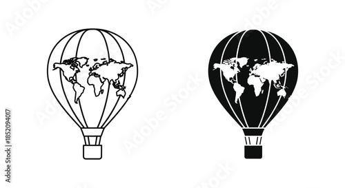 Two hot air balloons displaying world maps one outlined and one filled silhouette