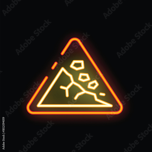 Bright neon sign depicting a falling rocks warning sign, perfect for projects related to safety, hazards, and caution