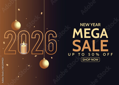 Happy New Year 2026 celebration sale with exciting discounts. Festive background illustration template for poster, banner, greeting card, flyer, cover, social media post, and New Year party promotion.