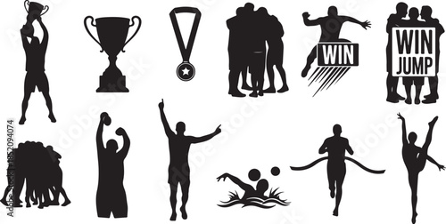 Sports victory celebration icons silhouettes