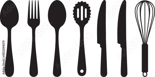 Silhouettes of kitchen utensils including spoons forks knives and whisk for cooking and food preparation
