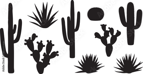 Desert landscape silhouette collection features cacti agave plants sun isolated on white