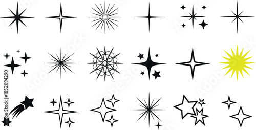 A versatile collection of gleaming sparkle and starburst icons, designed to infuse digital projects with a radiant glow and luminous charm, embodying moments of magic and celebration