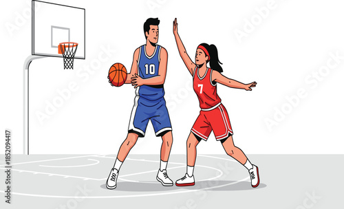 Male basketball player dribbling ball, female athlete defending, sports competition, team game, active lifestyle, fitness training, youth athletes, basketball court match