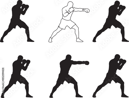 Male boxer silhouettes punching, boxing poses, training action, athletic movement, gloves stance
