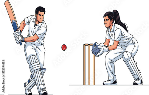 Male cricket batsman playing shot, female wicketkeeper behind stumps, professional cricket players in action, sports competition, teamwork, outdoor athletic game illustration