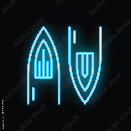 Neon sign of surfboard and fin glowing blue, concept for surf shop or beach bar