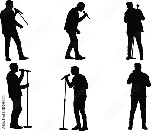 Male singer silhouette vector set, standing with microphone, performing on stage, concert pose collection art