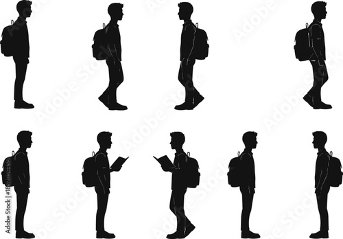 Male student silhouettes with backpack walking and reading book side profile