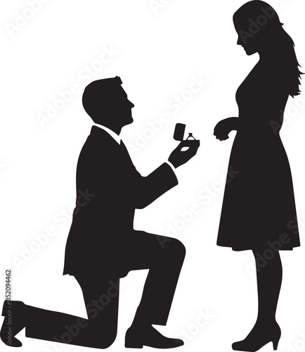 Silhouette of a man proposing marriage to a woman with a ring
