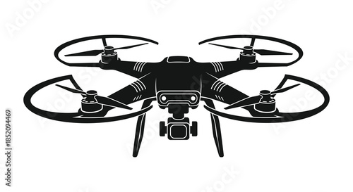 A detailed black and white illustration of a modern drone with four propellers silhouette