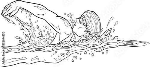 Male Swimmer Performing Freestyle Stroke with Goggles in Water – Dynamic Line Art Vector for Sports Technique and Athletic Training Illustration