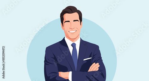 Portrait of a confident and successful handsome businessman in a suit smiling with his arms crossed against a blue background.