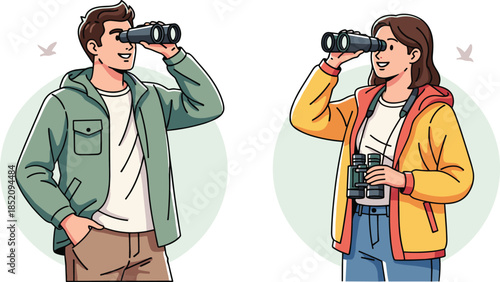 Man and woman birdwatching with binoculars, outdoor adventure, wildlife observation, nature exploration, travel activity, eco tourism, hobby, leisure, discovery