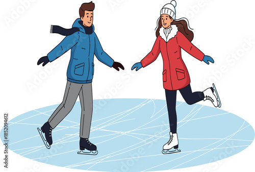 Man and woman ice skating on frozen rink, winter sport activity, outdoor fun, fitness, leisure, holiday season, recreation, couple skating