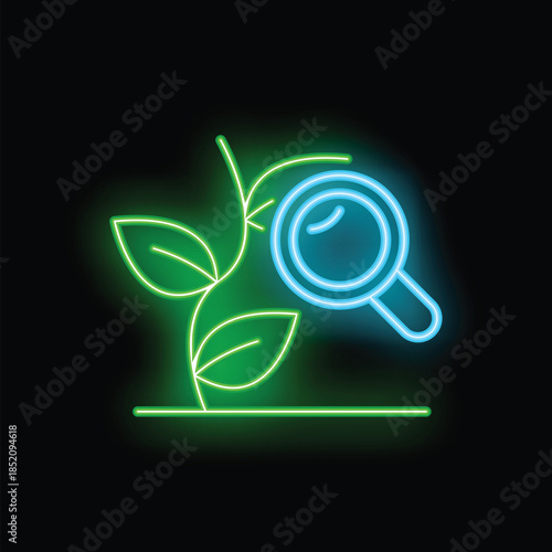Neon icon of a magnifying glass examining a growing plant, representing concepts like botany research and environmental analysis