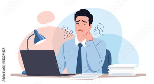 Stressed and tired businessman suffering from neck pain and muscle tension due to long hours working on a laptop at his desk.