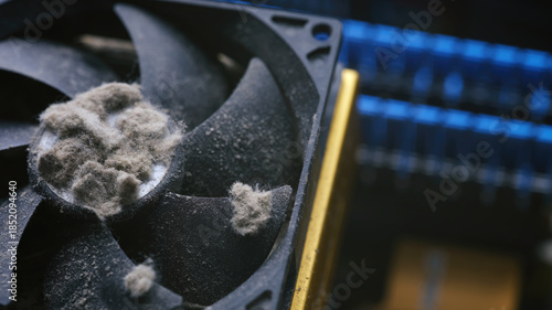 Close-up shot showing mounds of thick dust clogging a PC cooling fan.