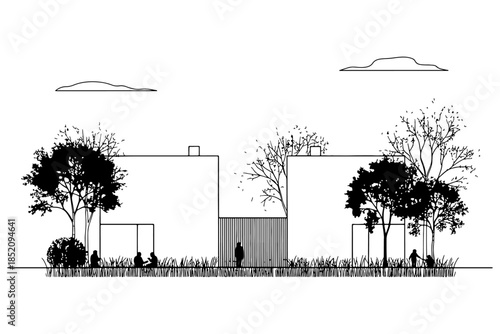 set of silhouettes of CAD Building,
Minimal CAD Building Line Drawing – Side View House Sections for Landscape Design