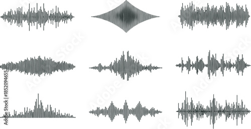 Collection of sound wave patterns representing audio frequencies and waveforms in various visual forms