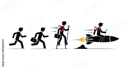 Business evolution concept showing a man progressing from running to using technology and a rocket for faster growth and success.