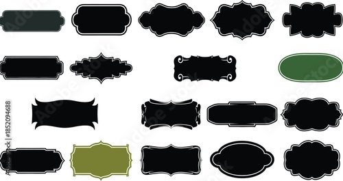 Collection of assorted decorative vintage ornamental frames and labels with elegant design elements on white background