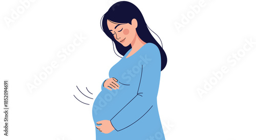 Happy and beautiful pregnant woman in a blue dress tenderly holding her baby bump, anticipating the joy of motherhood.