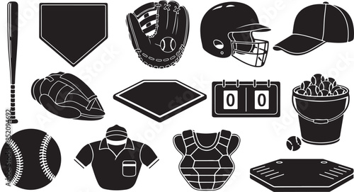 Baseball equipment icons black silhouette