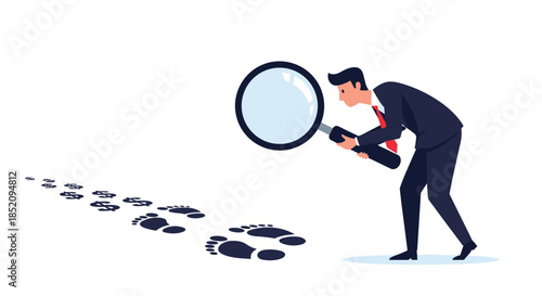 Detective-like businessman using a magnifying glass to investigate a trail of footprints, symbolizing research and analysis.
