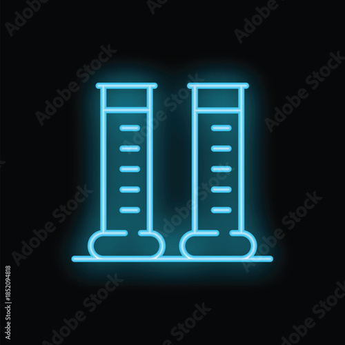 Blue neon icon of two empty graduated cylinders glowing on black background