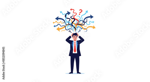 Stressed and confused businessman with a mess of tangled arrows and questions coming from his head, symbolizing anxiety and chaos.