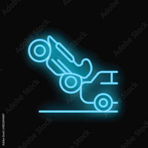 Blue neon sign of a car flipping over on the roadside at night