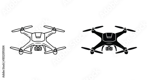 Two drone illustrations one in white and one in black showcasing aerial technology silhouette