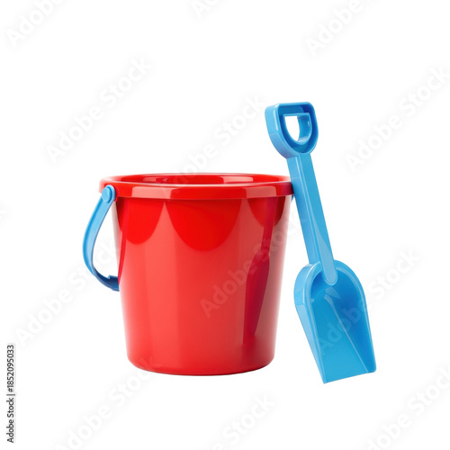 Glossy red plastic children's beach bucket and matching light blue toy spade isolated on a transparent background with soft shadows, concept of summer fun.
